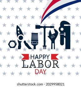USA Labor Day poster design. USA Labor Day celebration with an American flag, Safety hard hat, and Construction tools. Advertising Poster or Banner for American Labor Day.