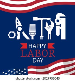 USA Labor Day poster design. USA Labor Day celebration with an American flag, Safety hard hat, and Construction tools. Advertising Poster or Banner for American Labor Day.