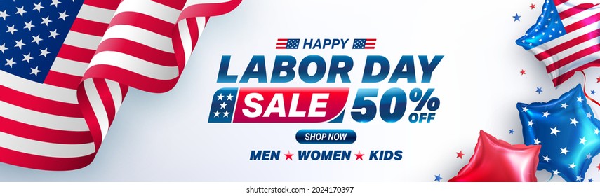 USA Labor Day poster template.USA labor day celebration with american balloons flag.Sale promotion advertising banner template.