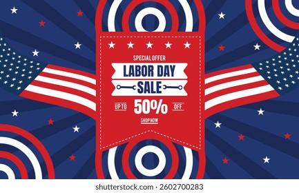 USA labor day sale background promotion advertising banner template with american flag and balloons.