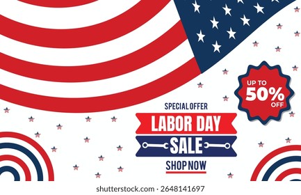 USA labor day sale background promotion advertising banner template with american flag and balloons.