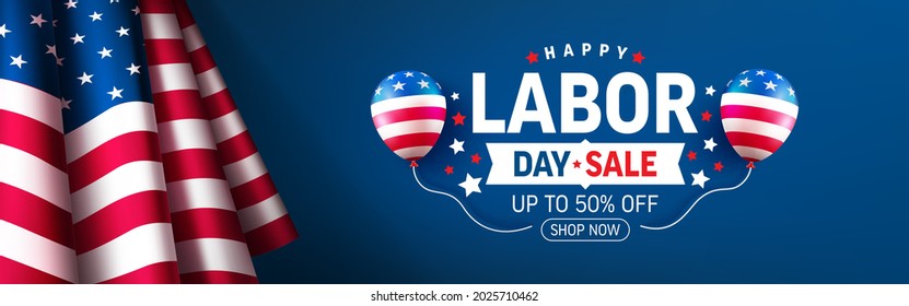 USA Labor Day Sale Banner and poster template.USA labor day celebration with american flag on blue background.Sale promotion advertising banner template for USA Labor Day Brochures,Poster or Banner.