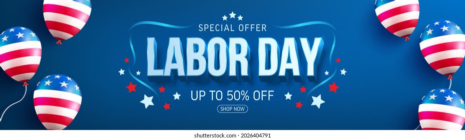 USA Labor Day Sale Banner template.USA labor day celebration with american balloon flag on blue background.Sale promotion advertising banner for USA Labor Day Brochures or Poster.
