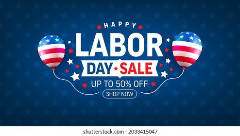 USA Labor Day Sale Banner and poster template.USA labor day celebration with american balloons flag on blue background.