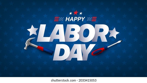 USA Labor Day Sale Banner and poster template.USA labor day celebration with hammer and screwdriver on blue background.