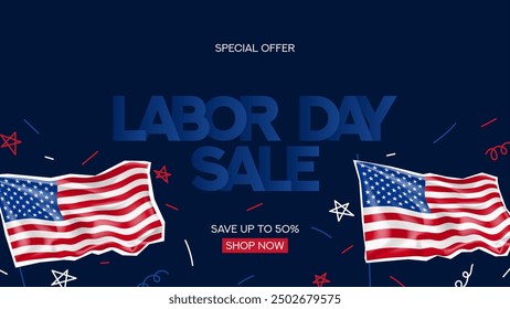 Bannervorlage zum Verkauf am US-Arbeitstag. Promotion-Banner für den USA Labor Day mit flatternden USA-Flaggen. Vektorcollage für Dekorationsbanner, Saisonverkauf, Poster, Social Media, Werbung.