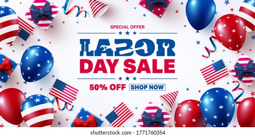 USA Labor Day Sale poster template.USA labor day celebration with american balloons flag.Sale promotion advertising banner template for USA Labor Day Brochures,Poster or Banner