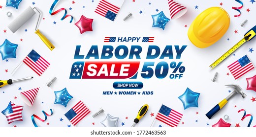 USA Labor Day Sale poster template.USA labor day celebration with american party elements and work tools.Sale promotion advertising banner template for USA Labor Day Brochures,Poster or Banner