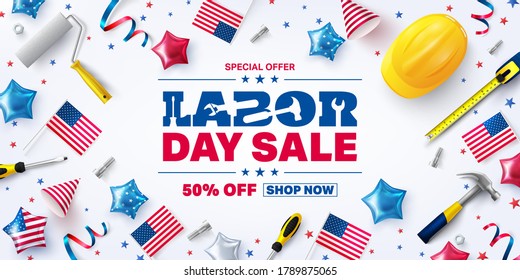 USA Labor Day Sale poster template.USA labor day celebration with american party elements and work tools.Sale promotion advertising banner template for USA Labor Day Brochures,Poster or Banner