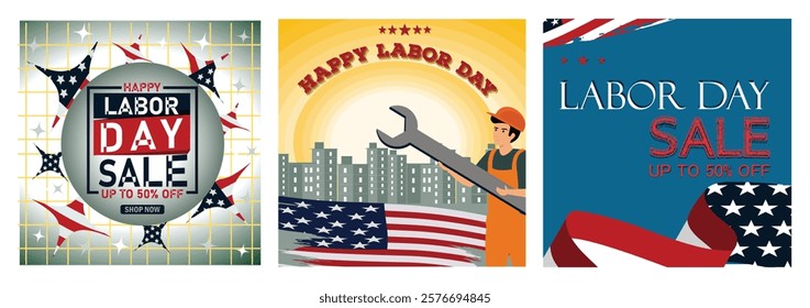 USA Labor Day Sale poster. Worker Holding Wrench. Patriotic Theme and Discount Offer. Set flat vector modern illustration 