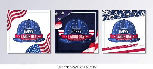 USA Labor Day set of square greeting card with helmet in United States national flag colors and text Happy Labor Day. Vector illustration.