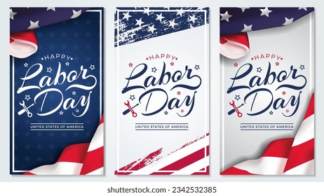 USA Labor Day set of vertical greeting card with brush in United States national flag colors and hand lettering text Happy Labor Day. Vector illustration.