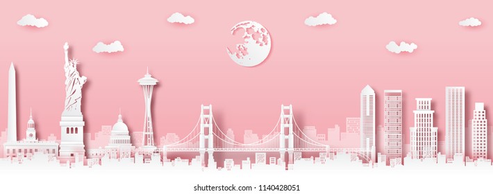 USA landmark greeting card,vector paper art and digital craft style.