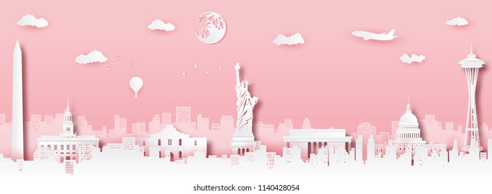 USA landmark greeting card,vector paper art and digital craft style.