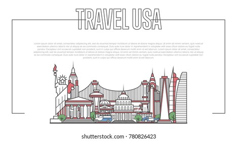USA landmark panorama with famous modern and ancient architecture in trendy linear style. American national landmarks on white background. Worldwide traveling and journey vector concept.