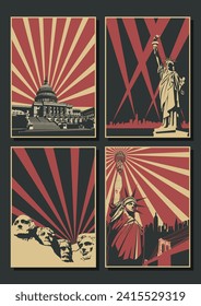 USA Landmarks, American Values, Capitol, Statue of Liberty, Mount Rushmore, Old Propaganda Posters Style 