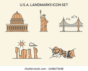 U.S.A. Landmarks Building Lineal Icon Pack - Landmarks Building Icon Vector Illustration Concept.