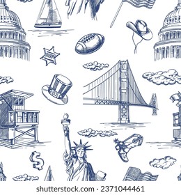 USA landmarks seamless pattern. Vector hand drawn sketch illustration. United States of America national symbols on white background. Travel and tourism fashion textile print or wrapping paper design