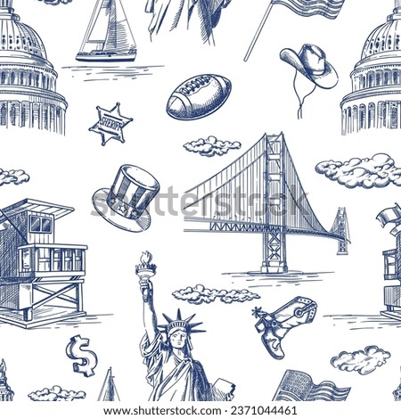 USA landmarks seamless pattern. Vector hand drawn sketch illustration. United States of America national symbols on white background. Travel and tourism fashion textile print or wrapping paper design
