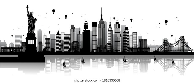 USA landscape Panorama with shadow on water .Vector silhouette Illustration in white background of Famous landmarks.