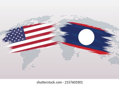 USA and Laos flags. Lao and American flags, isolated on grey world map background. Vector illustration.