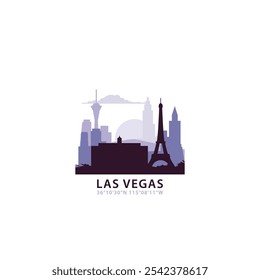 Logo de USA Las Vegas con skyline, icono de Vector retro de paisaje urbano. Estados Unidos de América, Nevada horizonte de la ciudad, fachada, logotipo de viaje