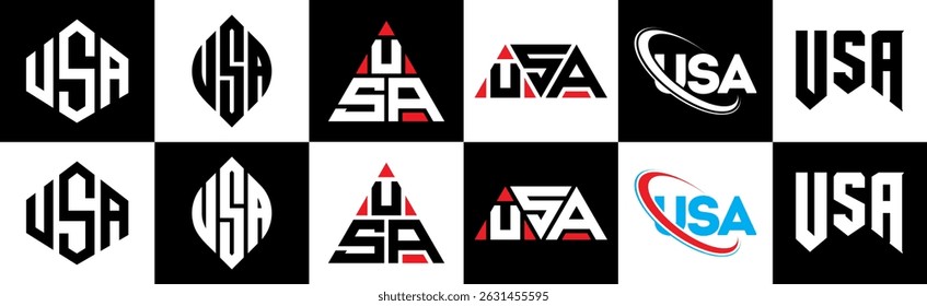 USA letter logo design in six style. USA polygon, circle, triangle, hexagon, flat and simple style with black and white color variation letter logo set in one artboard. USA minimalist and classic logo