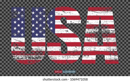 USA lettering. Grunge American flag.  Transparent background. Template for your design works. Vector illustration.