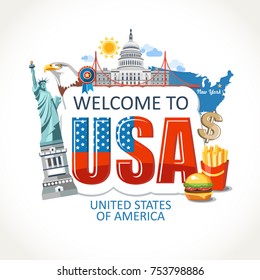 USA  Lettering Sights Symbols Culture Landmark Illustration