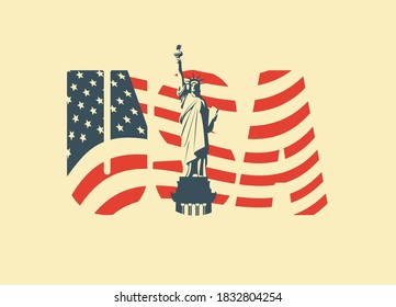 USA letters in the colors of the American flag with the Statue of Liberty on a light background. Vector banner, poster, flyer, t-shirt design, greeting card or design element