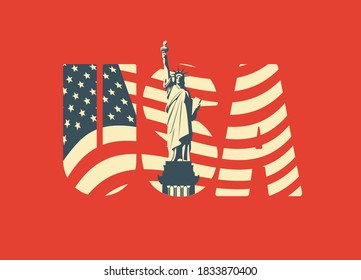 USA letters in the colors of the American flag with the Statue of Liberty on a red background. Vector banner, poster, flyer, t-shirt design, greeting card or design element in flat style