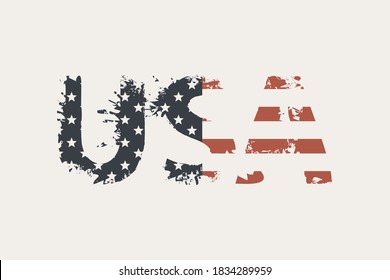 USA letters in the colors of the American flag in grunge style on a light background. Vector icon, emblem, logo, suitable for t-shirt print, poster, banner, postcard, flyer, design element