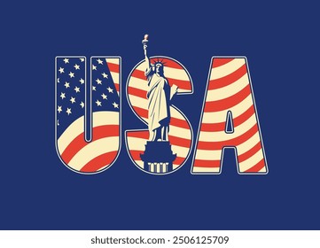 USA letters in the colors of the American flag with the Statue of Liberty on blue background. Vector banner, poster, flyer, t-shirt design, greeting card or design element in flat style