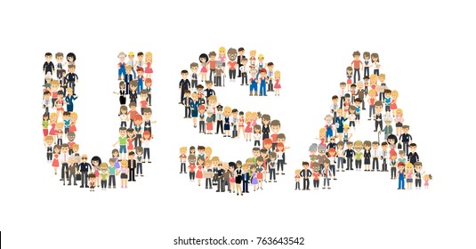 USA letters from people's crowd on white background.
