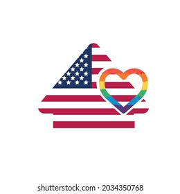 USA LGBT home icon. Drawing of a USA house and an LGBT heart, seven colors of the rainbow (red, orange, yellow, green, blue, indigo, purple) Love in every home. Vector