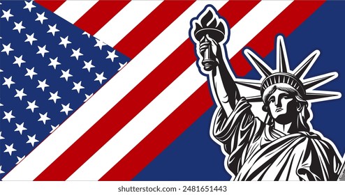 Usa liberty statue with flag of 4th july