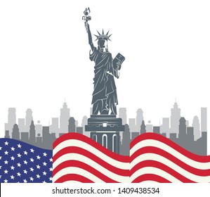 USA liberty statue over flag and NY cityscape vector illustration graphic design
