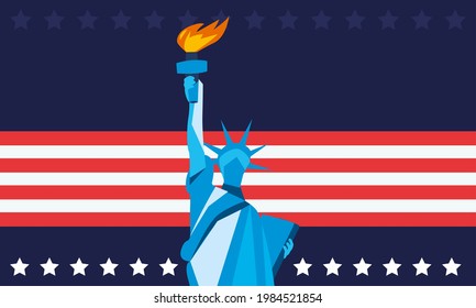 usa liberty statue with striped banner