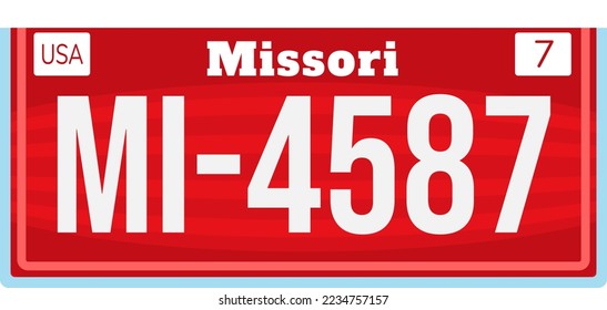 Usa license plate from american car, missouri state collection vector illustration. Colorful vehicle element, vintage car number isolated on white.