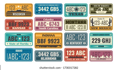 USA license plate set. Retro plastic or metal badges designed according to state, car numbers samples. Vector illustration for American automobile, travel, vehicle registration concept