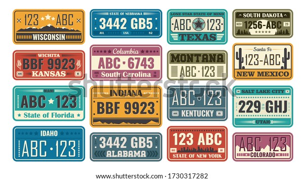 USA\
license plate set. Retro plastic or metal badges designed according\
to state, car numbers samples. Vector illustration for American\
automobile, travel, vehicle registration\
concept