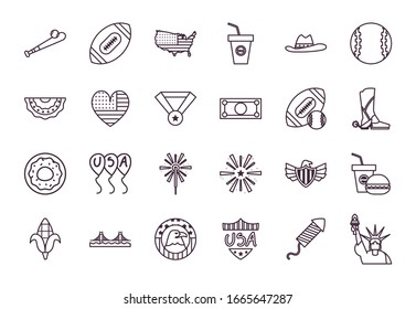 Usa line style icon set design, United states america independence day nation us country and national theme Vector illustration