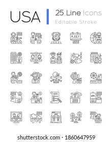 USA Linear Icons Set. American Symbols And Signs. Independence Day. Melting Pot. Patriotism. First Lady. Customizable Thin Line Contour Symbols. Isolated Vector Outline Illustrations. Editable Stroke