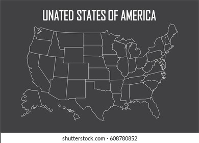 USA linear map with state boundaries. Blank white contour isolated on black. Vector illustration.