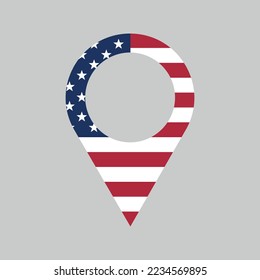 USA location pin, gps marker, made in United States symbol, find us sign, blue, white and red colors, vector