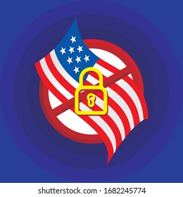 USA Lockdown-Vorsicht Coronavirus. mit amerikanischer Flagge innerhalb des roten Vorsichtszeichens und gelbem Schloss-Symbol in der Mitte