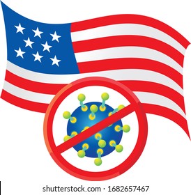 USA Lockdown caution coronavirus. with blue bacteria in Red caution sign and american flag vector illustration