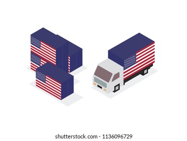 USA logistic lorry and containers isolated on white background. Vector illustration.