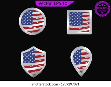 USA logo, badge and label, tags.  American flag set vector stickers. Different American waving flags illustration. Distressed American flag, patriot, military, veterans flag.