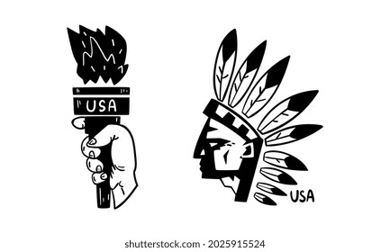 USA Logo Badges Set, American Indian and Statue of Liberty National Symbols, Patriotic or Independence Day Black Emblems, Stickers Vector Illustration